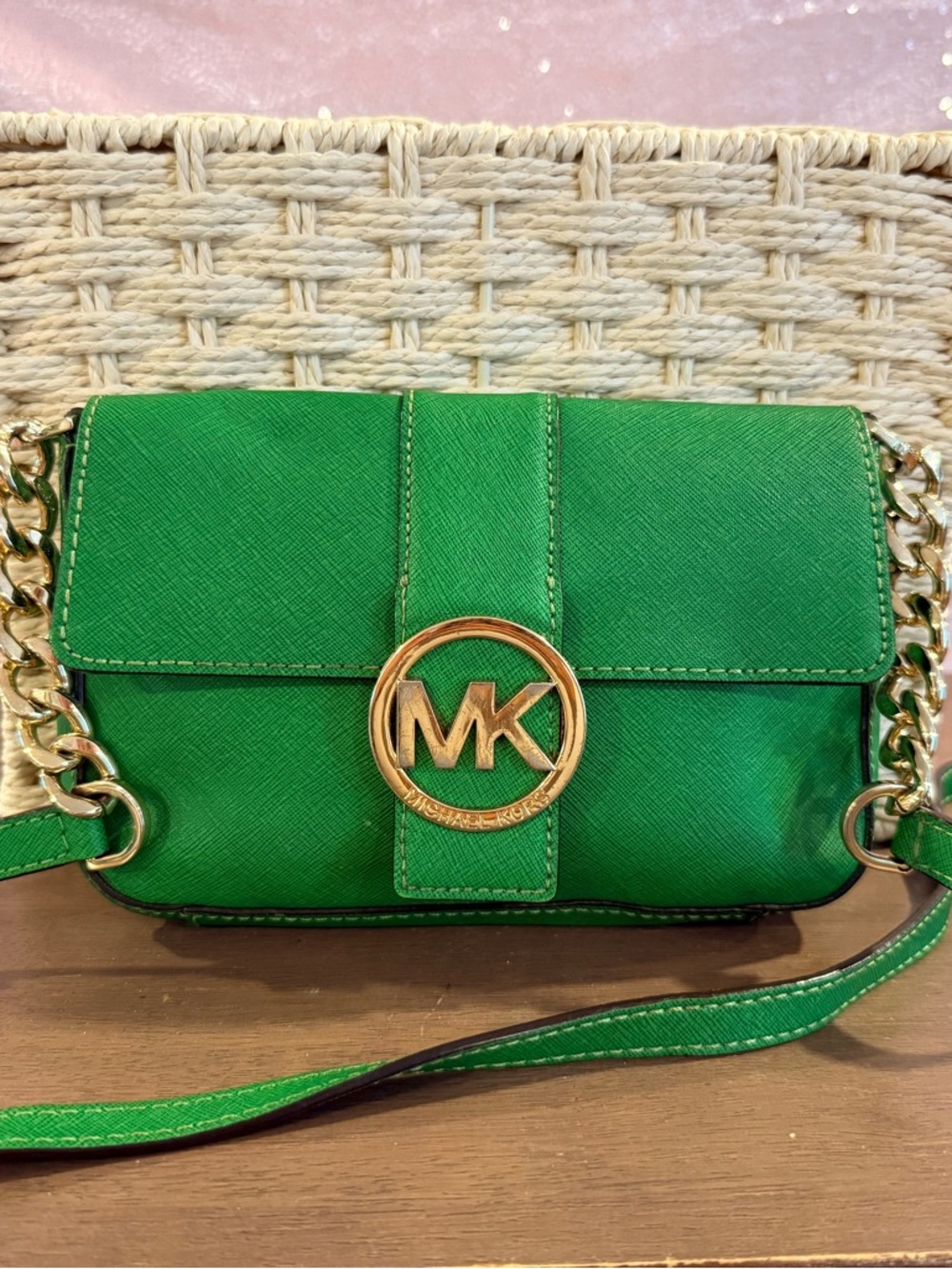 Michael Kors Green Saffiano Leather MK Logo Crossbody